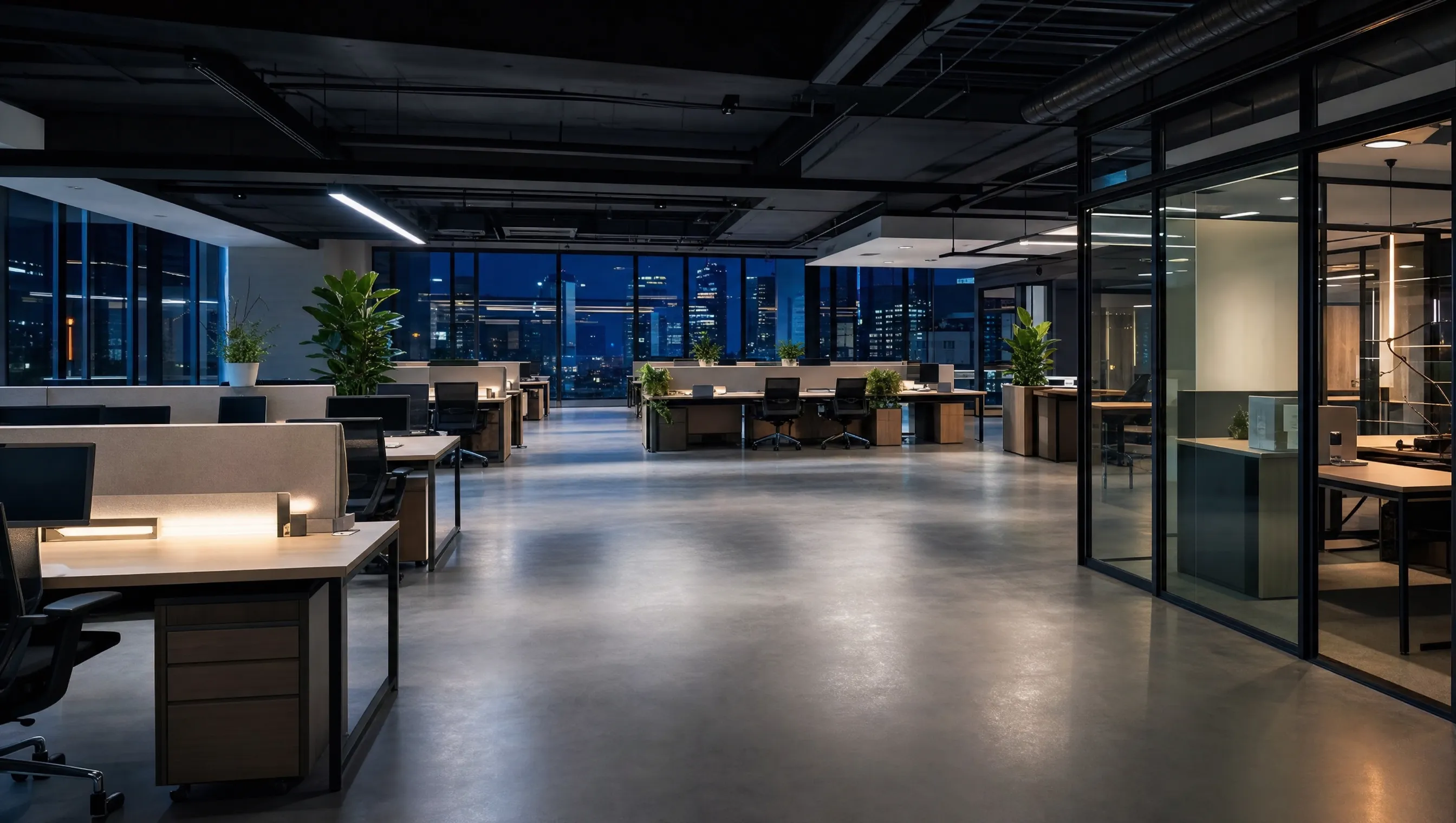 A modern open-plan Austin office at night, freshly cleaned, with a polished reflective floor